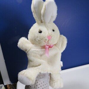 Light cream bunny plush rabbit puppet with gingham ribbon bow(good for big hands
